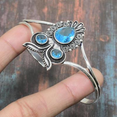 Beautiful Swiss Blue Topaz Gemstone Handmade 925 Sterling Silver Cuff Bangle Adjustable