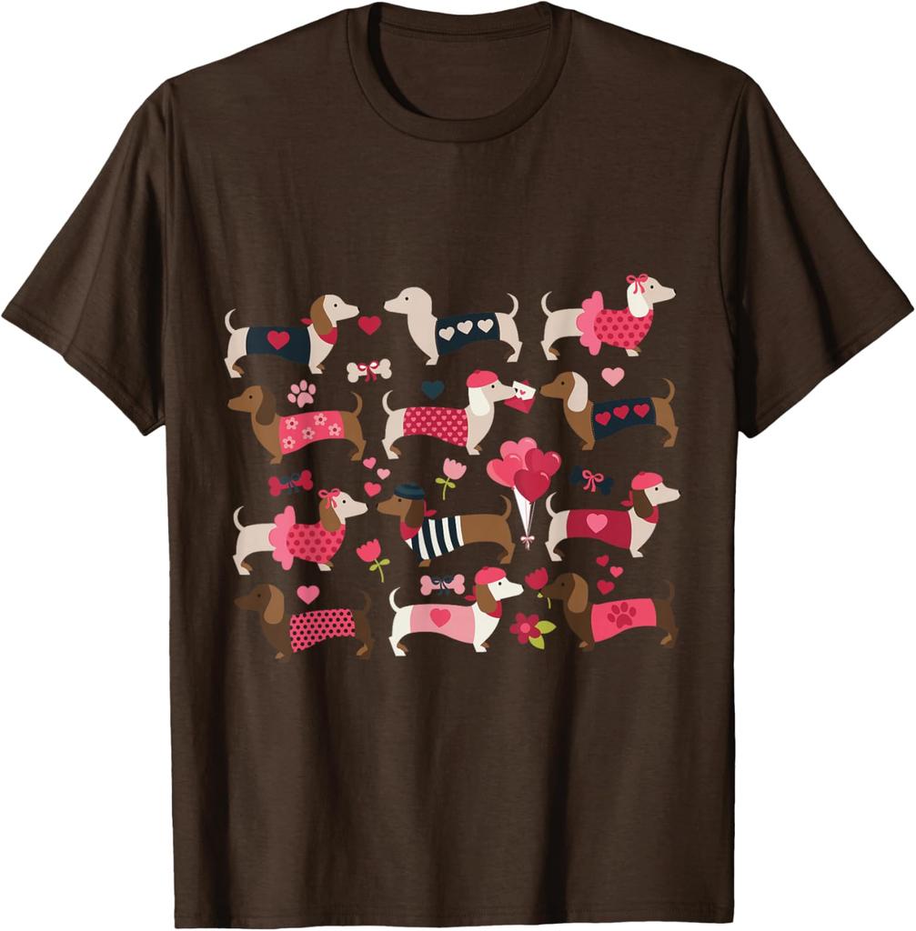Dachshund Weiner Dog Valentine Heart Print Graphic T-Shirt Casual Daily Crewneck Tee