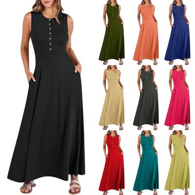 Women's Fashionable Solid Color Round Neck Sleeveless Patchwork Long Loose Fitting Dress