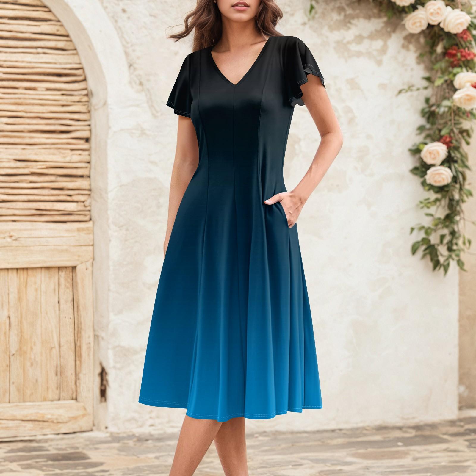 Women s Casual V Neck Dress Mid Length Ruffle Sleeve Gradient Print Flared Fit Comfortable Fabric Daily Wear L