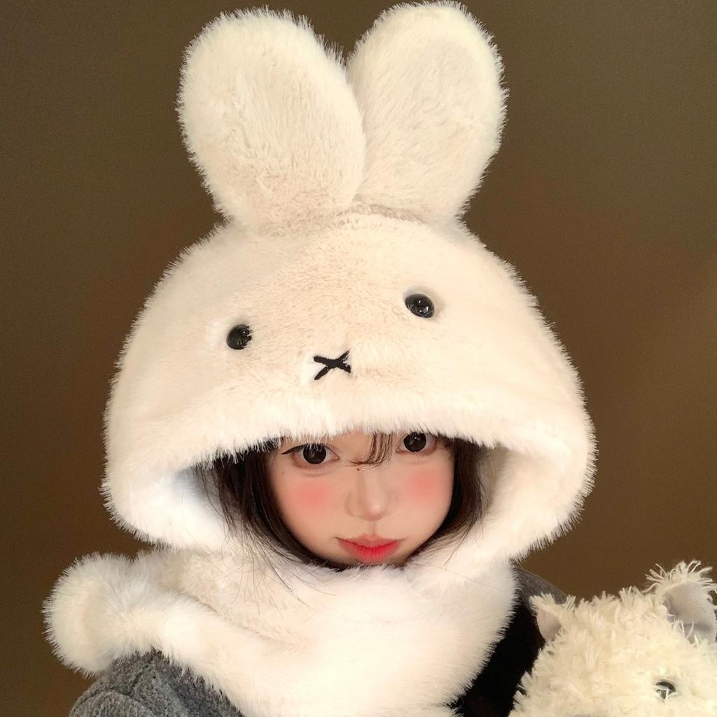 Roztomilý bílý králík Miffy plyšová čepice šála integrovaná dámská zimní plyšová zesílená teplá ochrana uší Lei Feng čepice