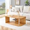 Modern Coffee Table with Storage, Natural Wood and Glass Shelf, Minimalist Living Room Table for Home Office, Apartment and Small Spaces (100x60x42cm)