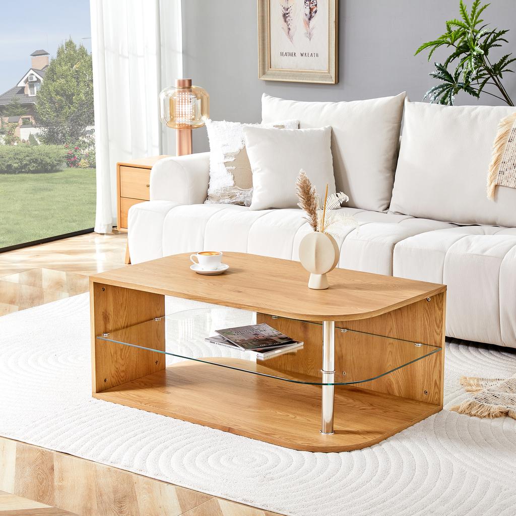 Modern Coffee Table with Storage, Natural Wood and Glass Shelf, Minimalist Living Room Table for Home Office, Apartment and Small Spaces (100x60x42cm)