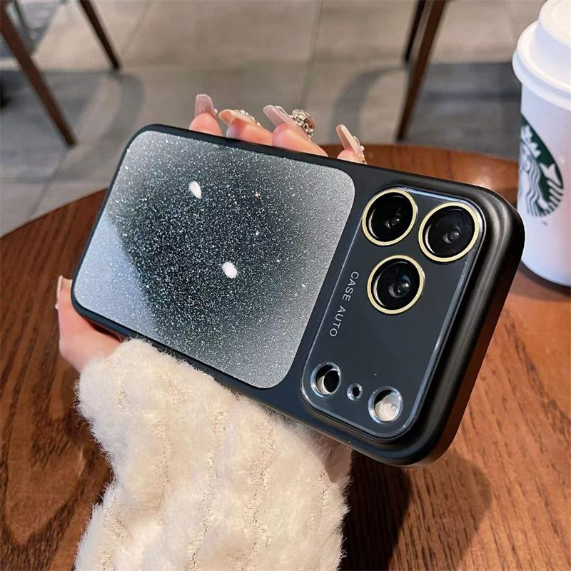 Gradient Glitter Phone Case For iPhone 17 16 15 14 13 12 Pro Max Electroplated Camera Frame Soft Shockproof Cover