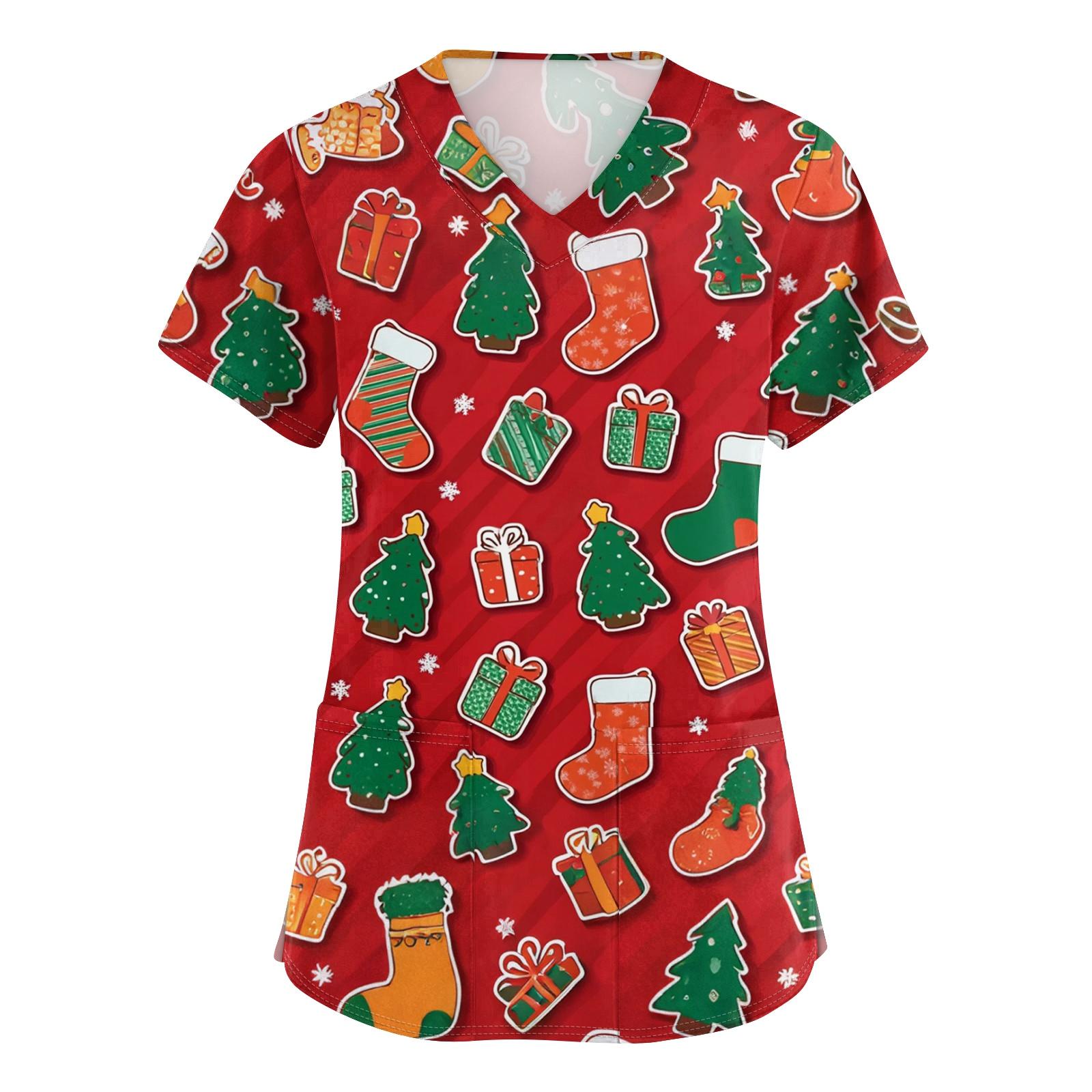 

Женский топ защитного костюма с V-образным вырезом, рождественским принтом, короткими рукавами, карманом и боковым разрезом XL