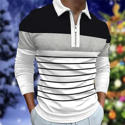 Primavera Autunno Uomo Manica Lunga Top Polo Cerniera Polo Uomo Polo Casual Uomo Moda Righe Polo da Golf
