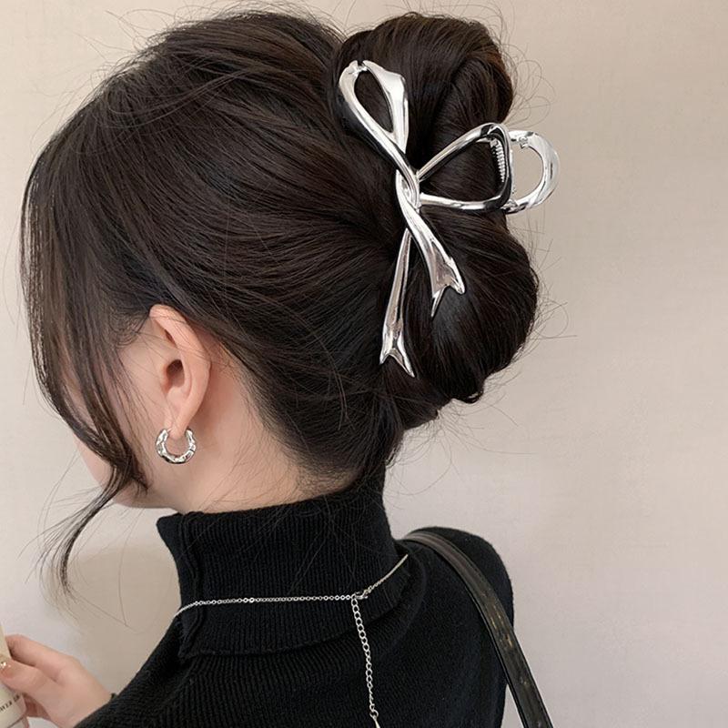 Korean Geometric Metal Gold Silver Black Gaint Bow Knot Hair Claw Clip for Women Thick Thin Head Accessories Streamer Crab Clamp