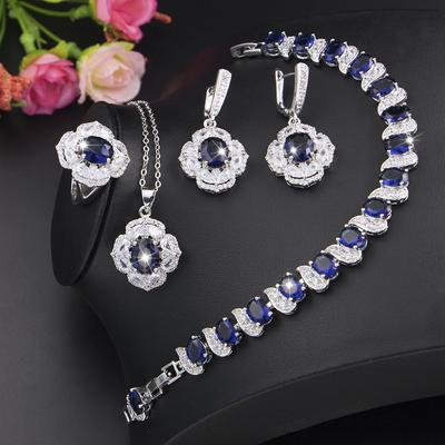 Zirkon-Set, Damen-Schmuck dreiteiliges Set, Mehrfarbig optional, Halskette, Ohrringe, Ring, Armband, Schmuckset.
