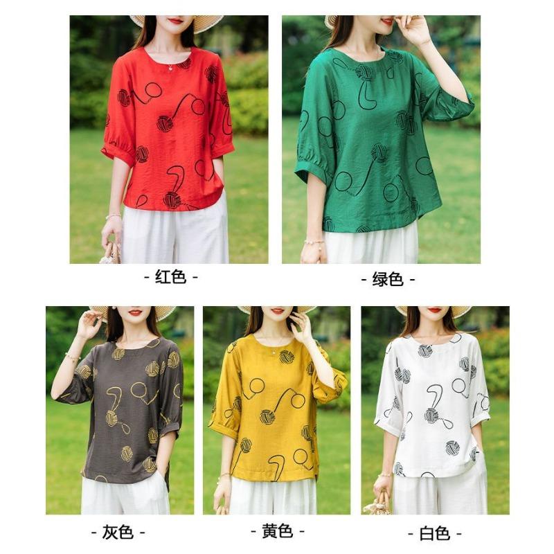 Summer Printed Cotton and Linen T-shirt Mid-sleeve Fashionable Shirt Loose Large Size Middle-aged and Elderly Women's Summer Top