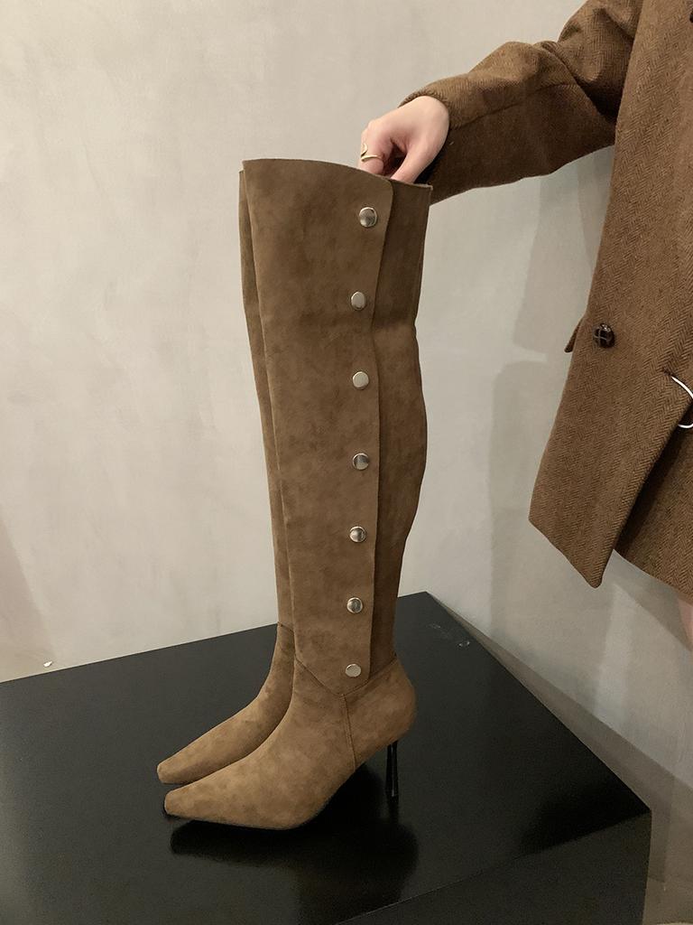 Pointed Suede Skinny Over-the-Knee Boots Women's Autumn and Winter Khaki Pile Long Knight High Heel Boots