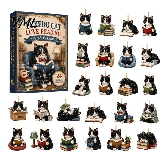 Cute Cat Rabbit Ornaments 24 Days Christmas Advent Calendar 2026, 2D Acrylic Reading Cats/Dogs/Forest Animals Surprise Unboxing Gift Ornament