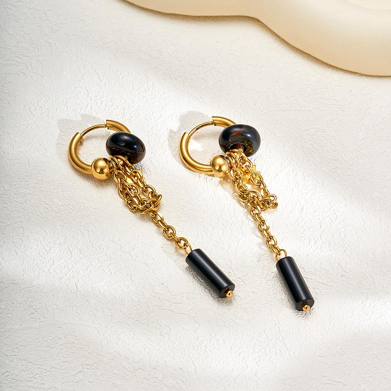 18K Gold Plated Stainless Steel Hoop Earrings for Women Vintage Green Natural Stone Charms Trendy Waterproof Jewelry