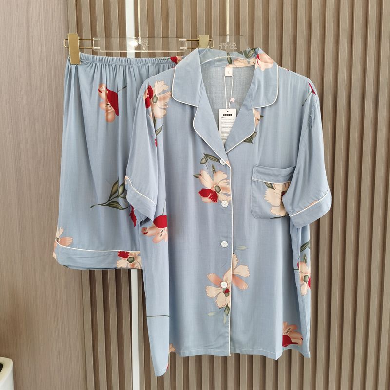 High Quality Cotton Silk Delicate and Soft Ladies Summer Short Sleeve Shorts Pajamas Sets Two-piece Set Can Be Outwear Pastoral Floral