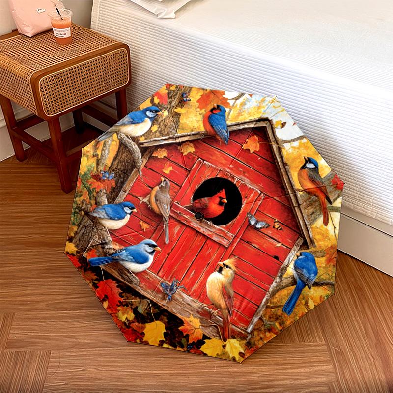 1 PC Automatic Folding Umbrella - Autumn Birdhouse Birds Pattern, Portable & Foldable Design with 8 Ribs, Christmas Birthday Gifts