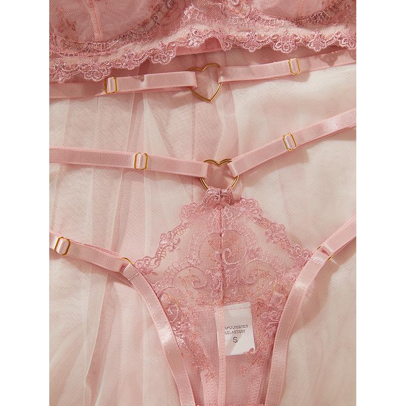 French Pink Sexy Lace Push-Up Lingerie Set for Women - Ultra-Thin, Comfortable, Semi-Transparent Mesh