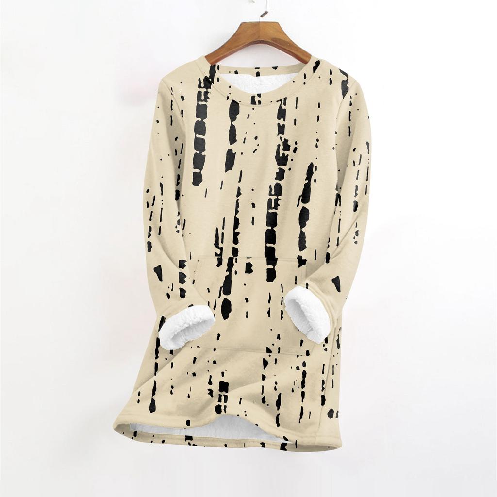 Women's Fashionable Printed Round Neck Long Sleeved Plush Warm Pullover Top