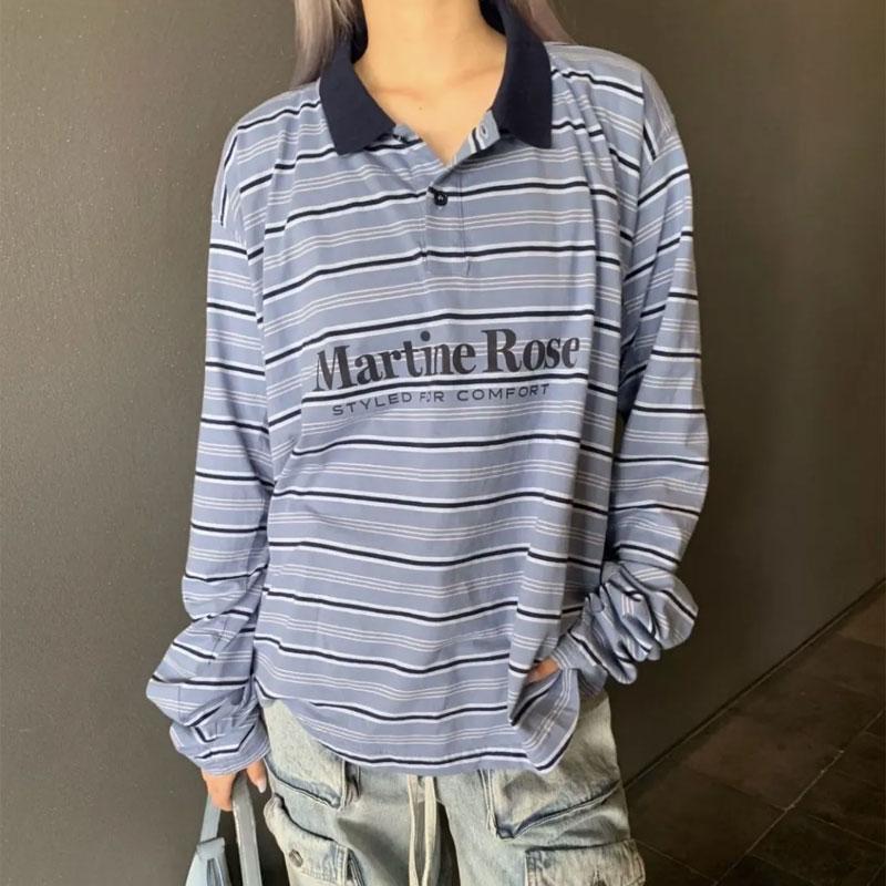 

Fashionable American Striped Letter Polo Shirts Printed Autumn High Street Loose Men s Casual T-shirts M синий