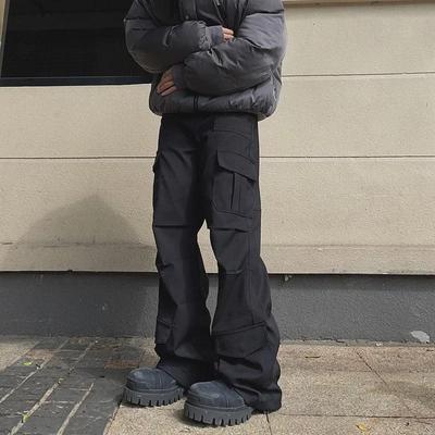 Unisex Black Loose Straight Casual Multi-Pocket Overalls