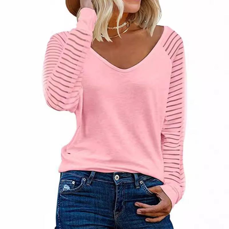 Women's Splicing Long Sleeve Top Striped Casual Loose Shirt Ladies T-Shirt