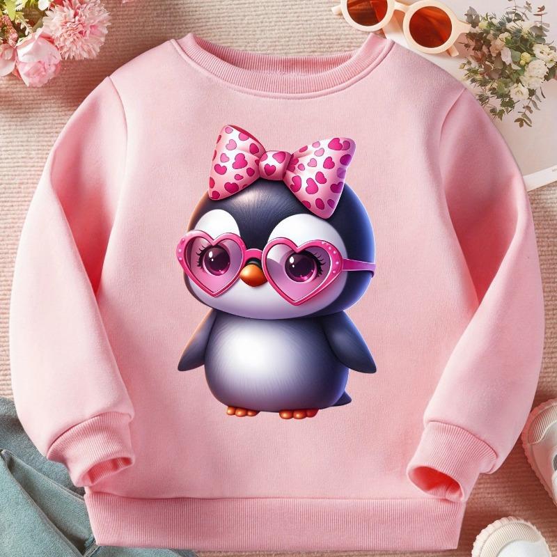 Kids Crewneck Long Sleeve Sweatshirt, Cute Cartoon Penguin with Pink Heart Glasses & Bow Print