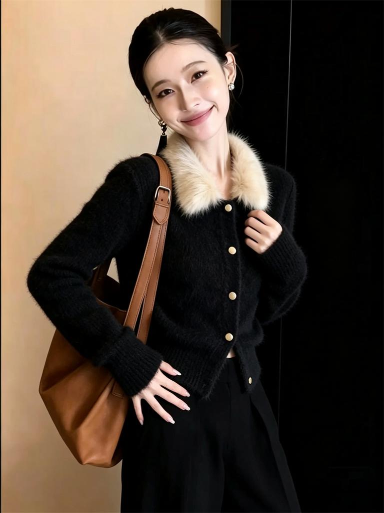 2026 Winter Faux Fur Collar Sweater Knit Cardigan Women's French Style Short Jackets Elegant Fashion Slim Fit Sweaters Ladies Winter Warm Coat Top