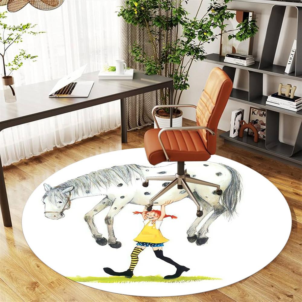 1pc Pippi Horse Round Chair Mat Area Rug - Non-Slip, Floor Mat for Office, Bedroom, Home Decor Christmas Gift P0811343