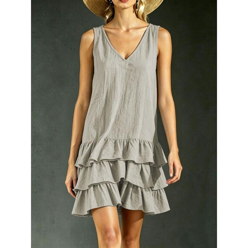 QICED Women's Fashion Summer Spring Sleeveless V-Neck Solid Color Print Casual Dresses Casual Chic