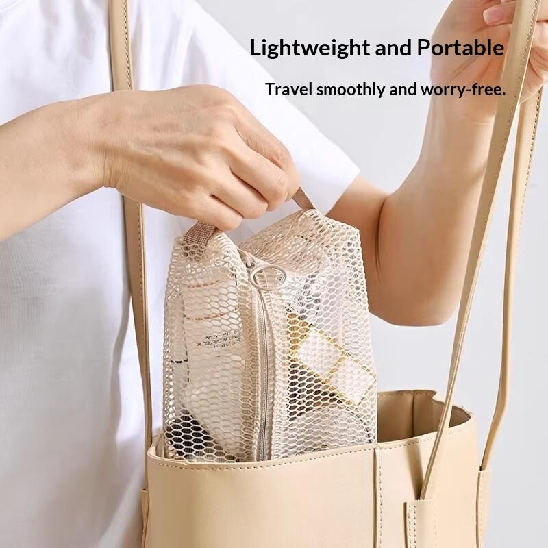 Beige Zipper Mesh Storage Bags Tear Resistant Breathable Visible Organizer for Business Trip Toiletries Makeup Storage