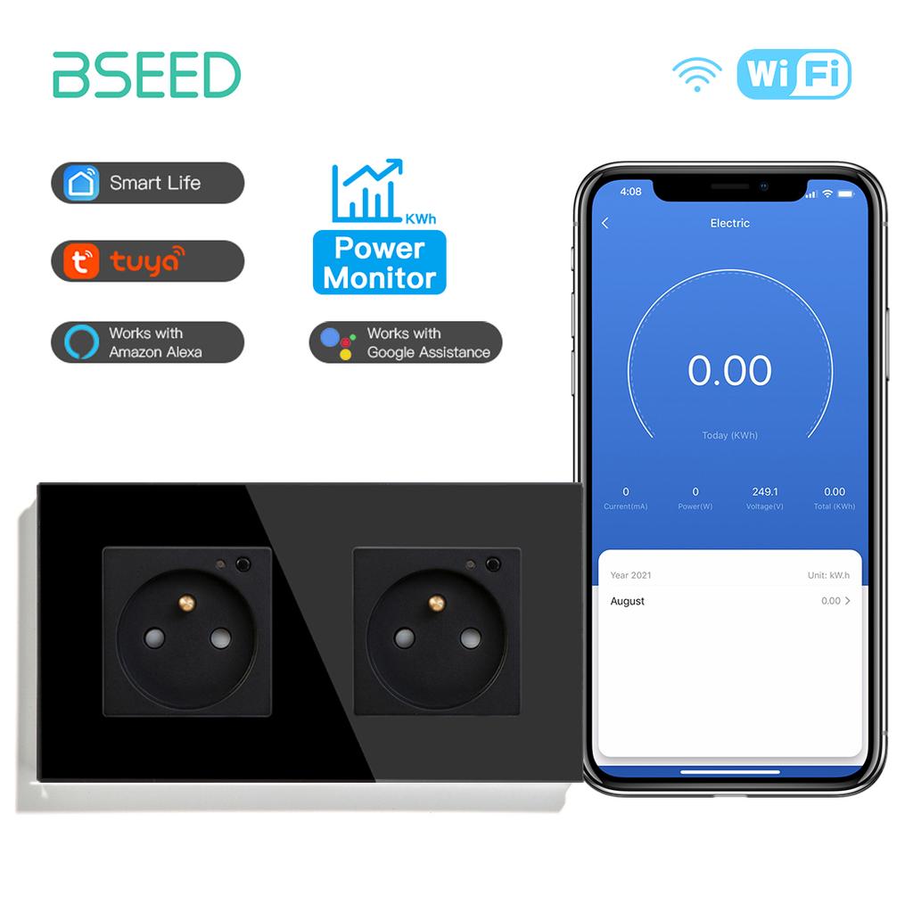 BSEED Single Wifi French Socket Double Power Monitor Wall Sockets Triple Smart Outlets Glass Frame Tuya Smart Life Control