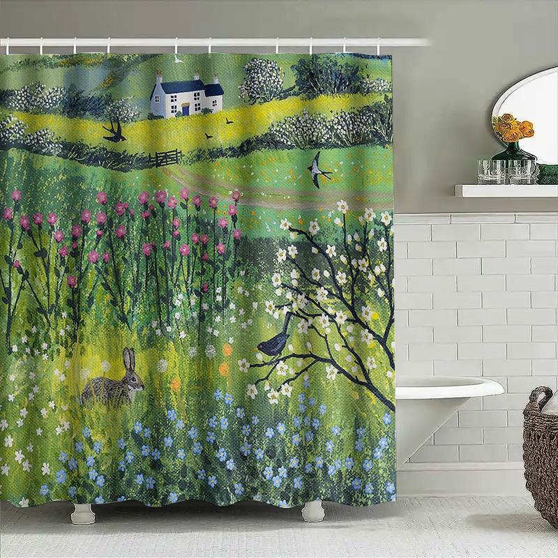 Floral Rabbit Deer Forest Landscape Shower Curtain Vintage Nature Botanical Backdrop Rustic Farmhouse Bathroom Decor