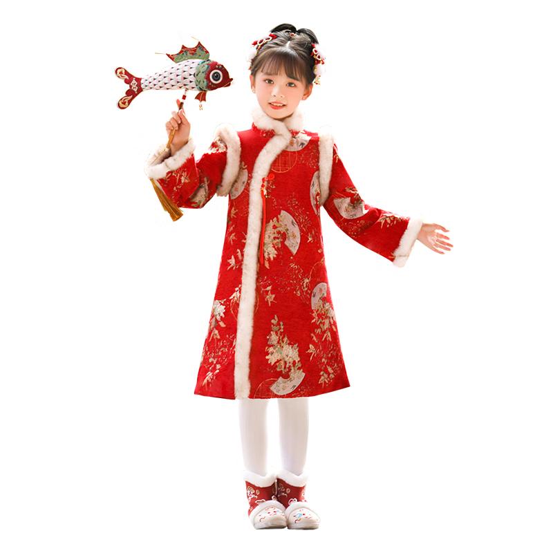 Luomeng Girls' Red Plush Chinese New Year Qipao Dress