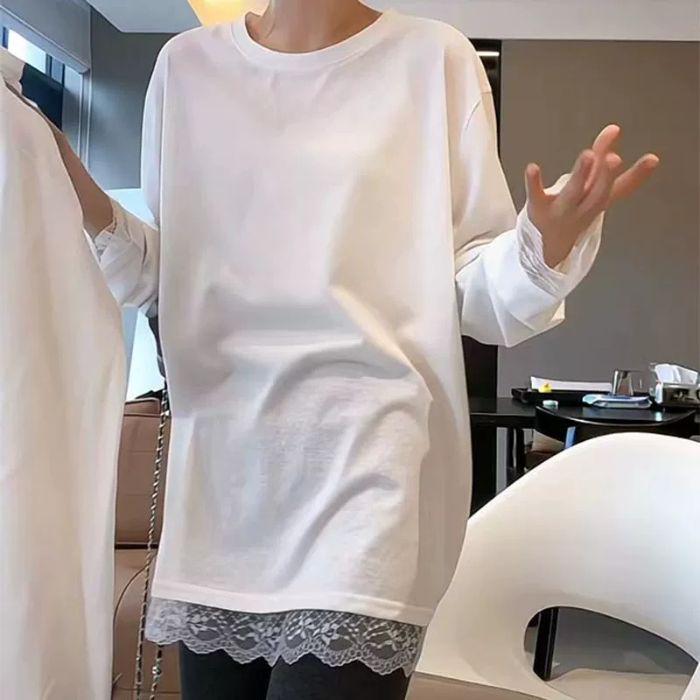 Damska koszulka z długim rękawem w stylu europejskim, biała, z koronkowymi naszyciami - Idealna na jesień/zimę z spodniami Shark