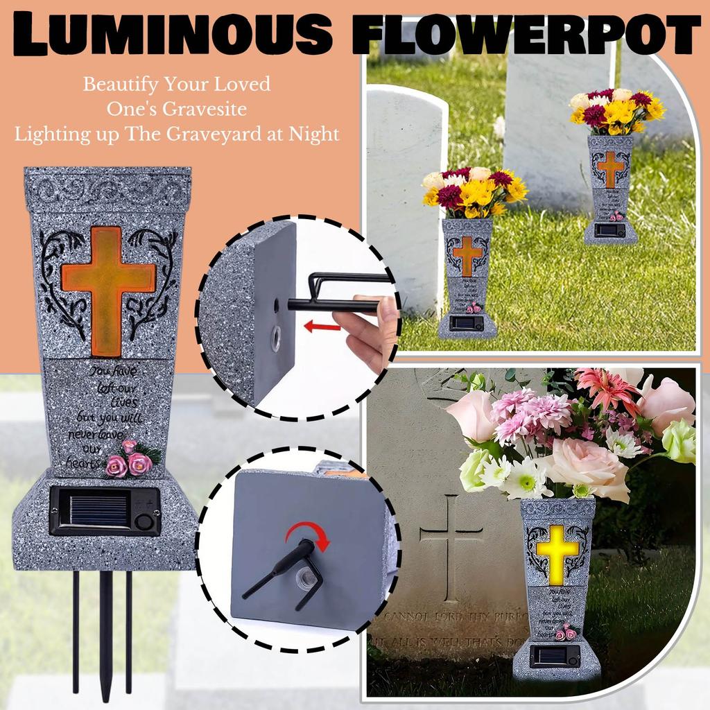 Jarrón para Tumba de Cementerio Solar con LED para Flores Frescas/Artificiales, Jarrones con Pinchos para Lápidas, Decoración para Lápida, Regalos Conmemorativos por la Pérdida de un Ser Querido