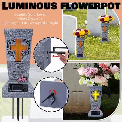 Vase de Cimetière Solaire avec LED pour Fleurs Fraîches/Artificielles Vases à Piques pour Pierres Tombales Décor de Pierre Tombale Cadeaux Mémoriaux pour Perte d'un Être Cher
