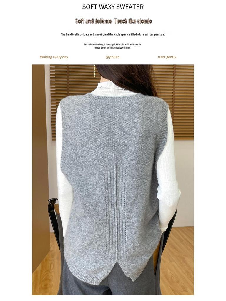 Women's Autumn Winter 100% Wool Knit Vest Sweater - Chic Sleeveless Layering Gilet