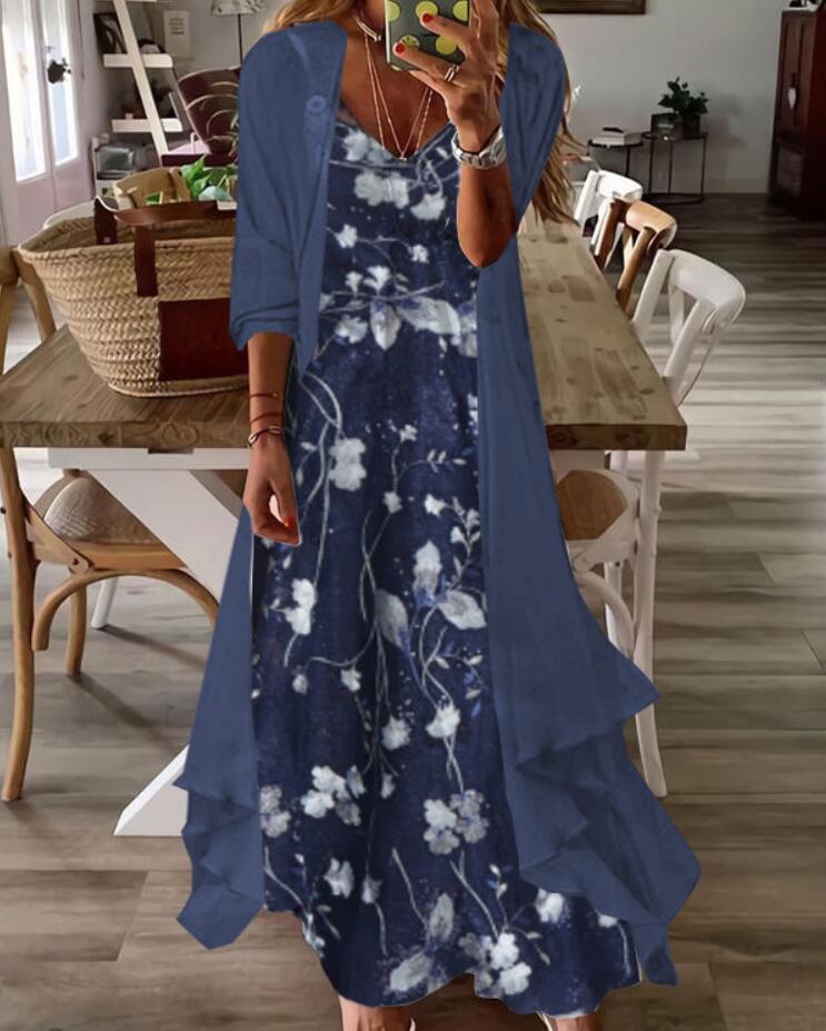 

Женское бирюзовое кружевное платье макси с подходящим кардиганом для повседневной носки XXXL