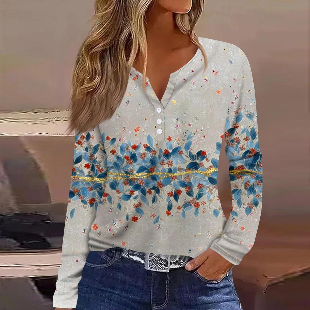 Dámská móda Ležérní květinový potisk Tričko s dlouhým rukávem, výstřihem do V, knoflíčkem, Top s dlouhým rukávem