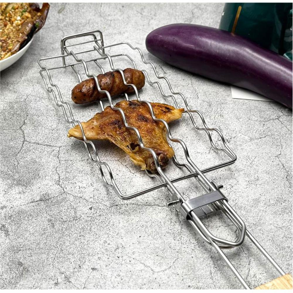 Collapsible Handle Hot Dog Grilling Clip Stainless Steel Barbecue Rack BBQ Grill Basket  Shrimp