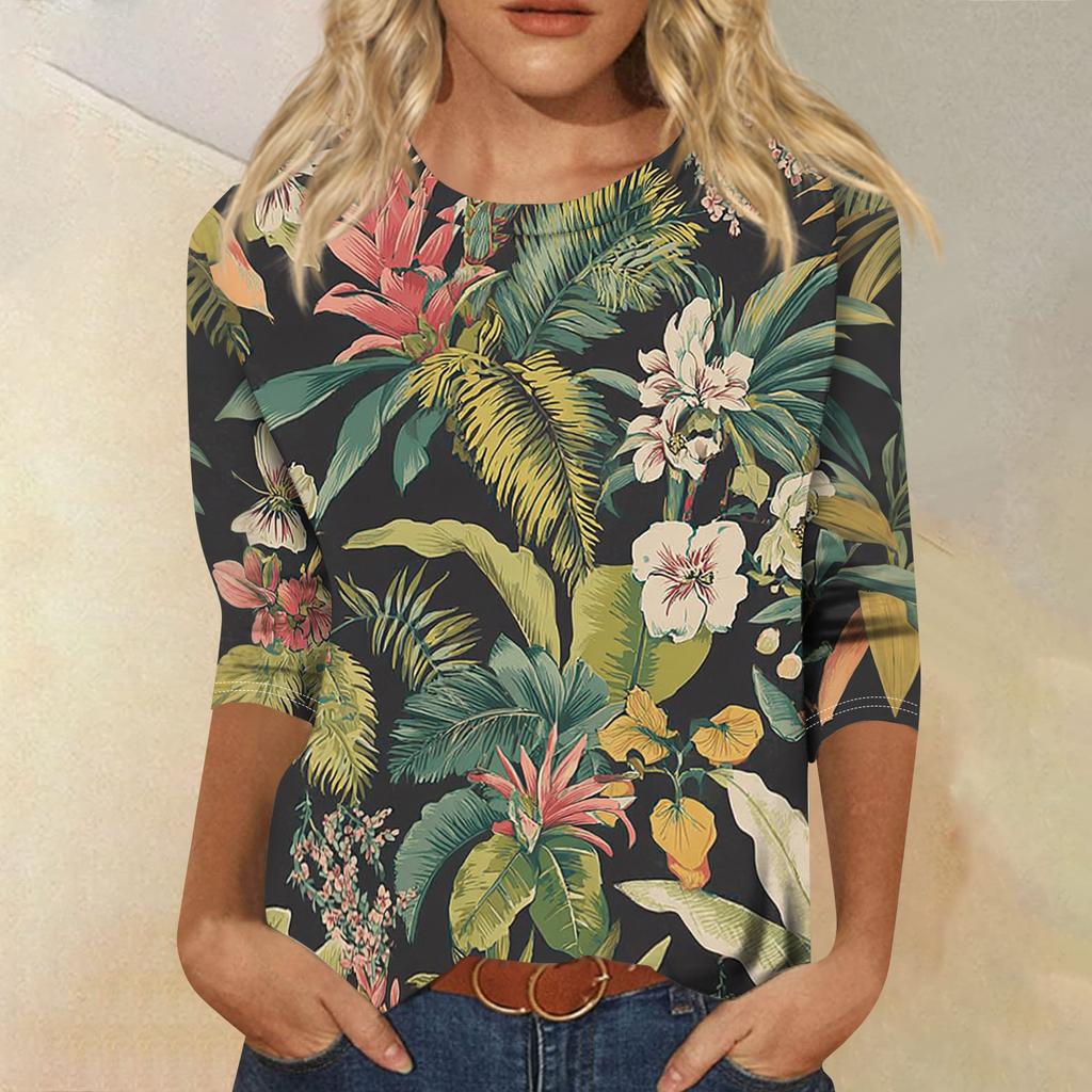 Women's Fashionable Casual Round Neck Three-Quarter Sleeve Printed T-Shirt Top