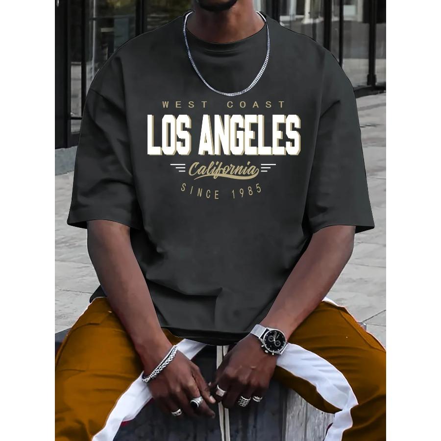 Cotton Summer Men's 100% Cotton Comfortable Casual Loose Plus Size LOS ANGELES Printed Sports Round Neck Oversized Short Sleeved T-shirt Top