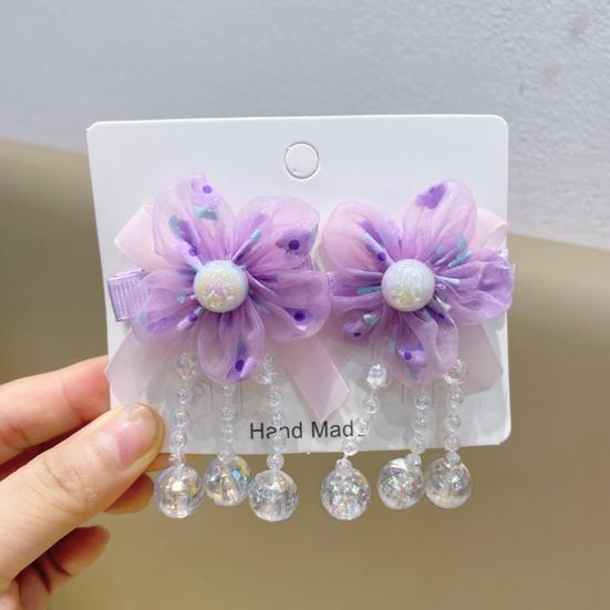Hairpin Gradient Organza Flowers Bowknot Imitation Pearl Decor with Beaded Tassel Hair Clip