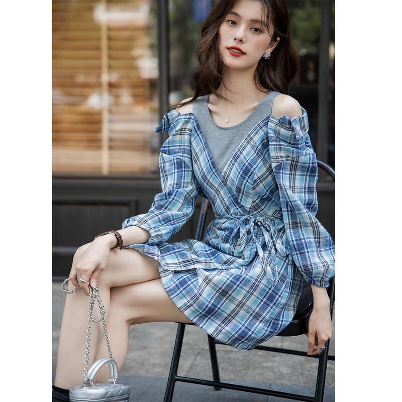 

Mokana MKNJD2780 Women s Off-Shoulder Plaid Shirt Dress M