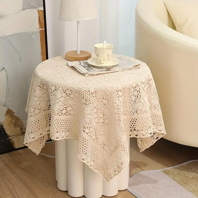 Vintage Crochet Tabletop Set Pastoral Style Lace Tablecloth With Fourleaf Flowers, Suitable For Long Tables And Family Gathering