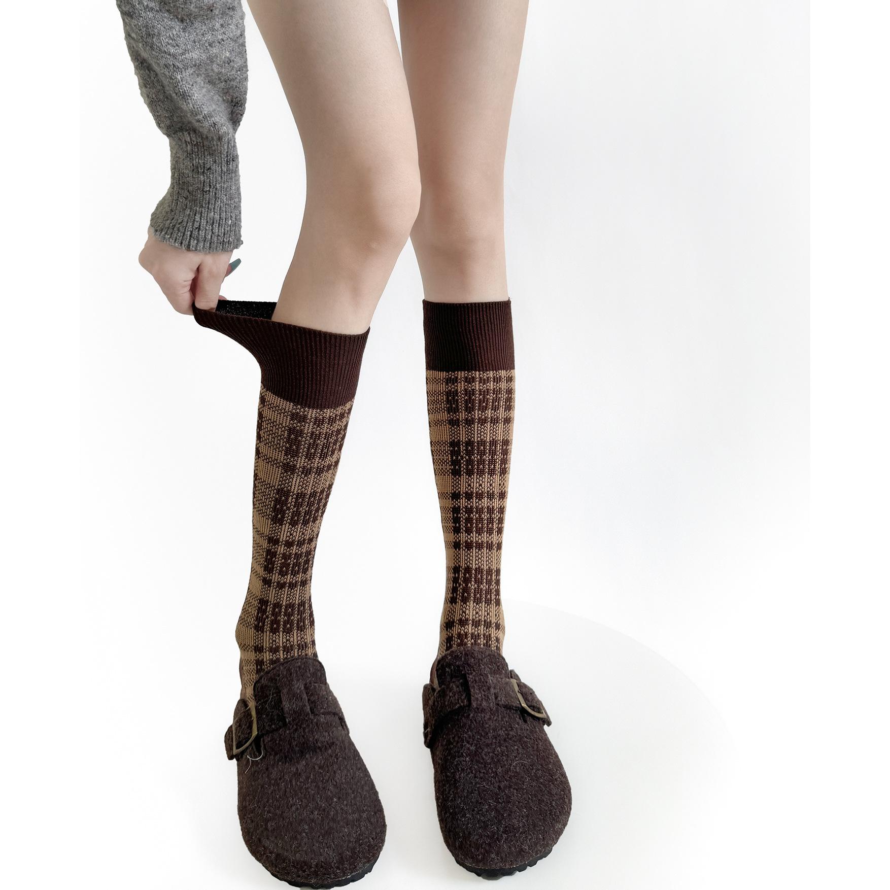 

1 Pair Soft Cotton Cable Knit Checkered Mid-Calf Socks Double Ribbed Non-Slip Winter Socks INS Casual Korean Style Grey Socks One Size