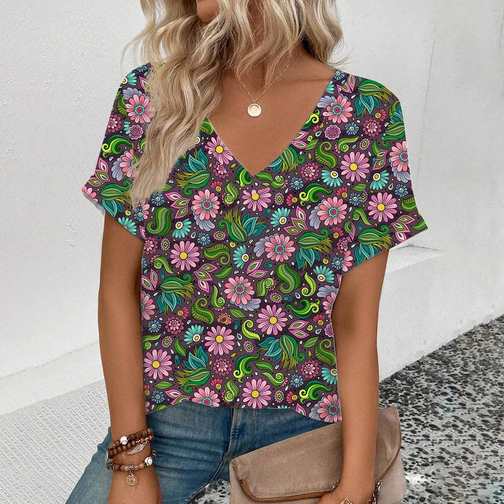 Elegant Women's V-neck T-shirt Fashion Floral Pattern Printing T-shirt Popular Women's Short-sleeved Summer Casual T-shirt