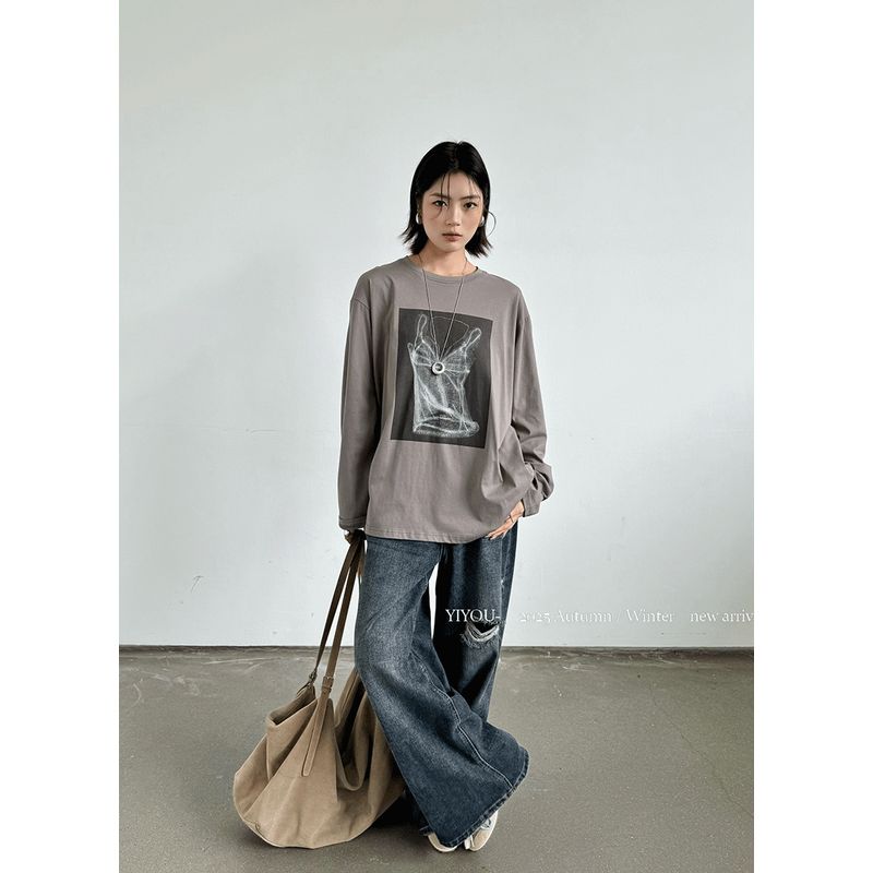 

Yiyou2025 Autumn New Retro round Neck Print T-shirt Women s Long Sleeve Loose Slimming All-Match Bottoming Top Fashion Dark Gray One size