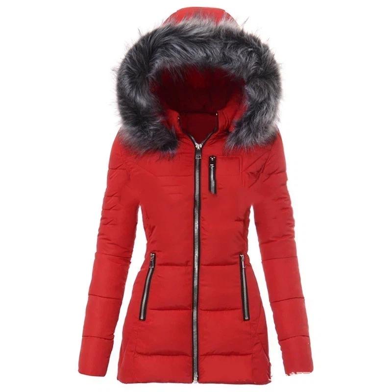 Damen Kapuzen Daunenmantel Kunstpelzkragen Reißverschluss Slim Fit Gepolsterte Jacke Winddicht Warm Winter Mittellang Oberbekleidung