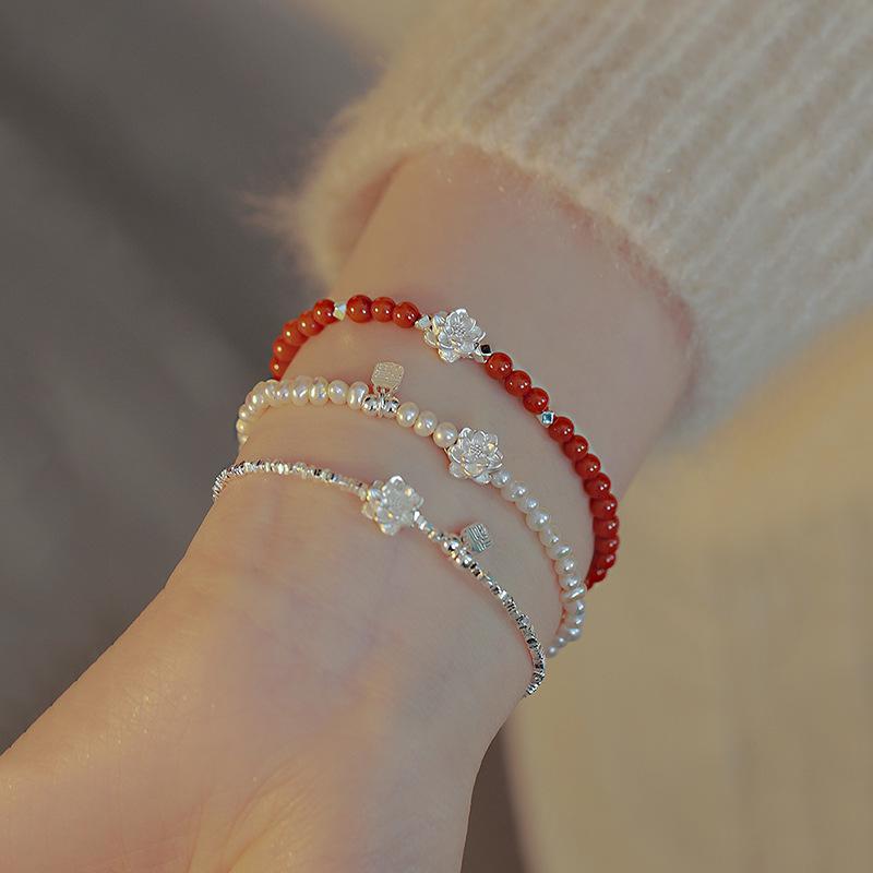 Lotus broken silver pearl bracelet women's retro new Chinese style natal fashion design versatile Nanhong agate bracelet