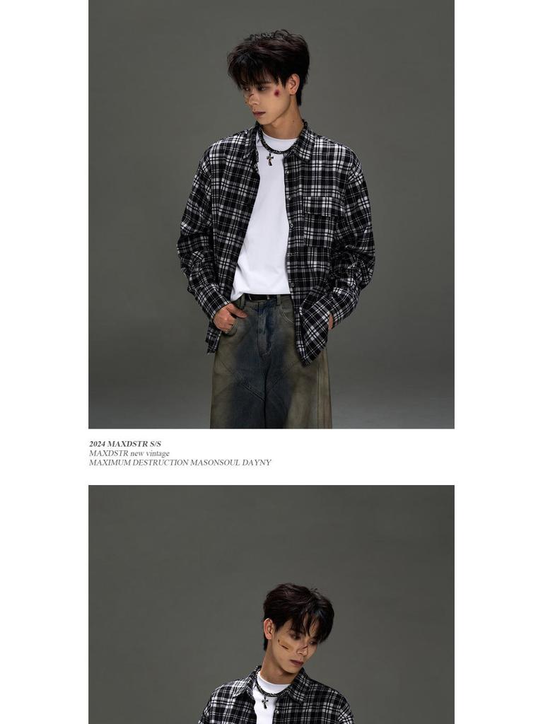 Men's Retro Black & White Checkered Long Sleeve Shirt Jacket - Casual Spring/Autumn Wear
