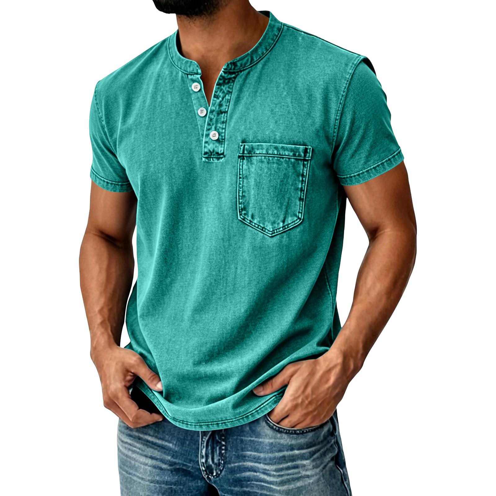 BILIBILIGAME Heren Henley T-shirt met korte mouwen en borstzak, casual pasvorm, knoopsluiting, katoenen top XL groen